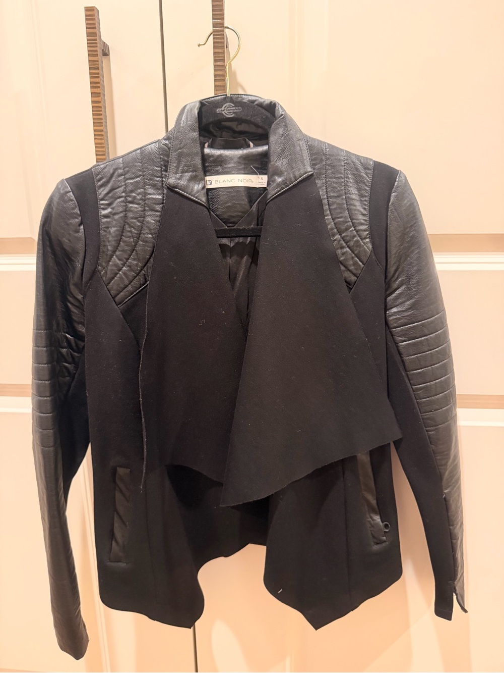 Blanc Noir Black Mixed-Media Drapes Moto Jacket, Small